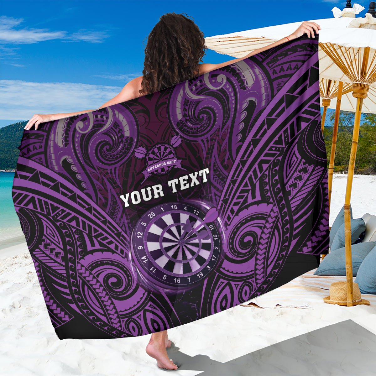 Personalised New Zealand Darts Sarong Purple Dart Board Maori Pattern