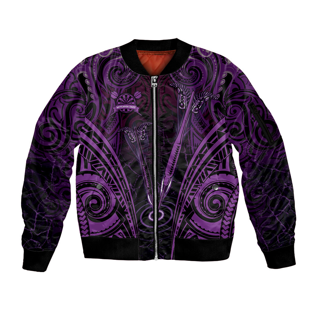 Personalised New Zealand Darts Sleeve Zip Bomber Jacket Purple Dart Board Maori Pattern LT05 Unisex Purple - Polynesian Pride