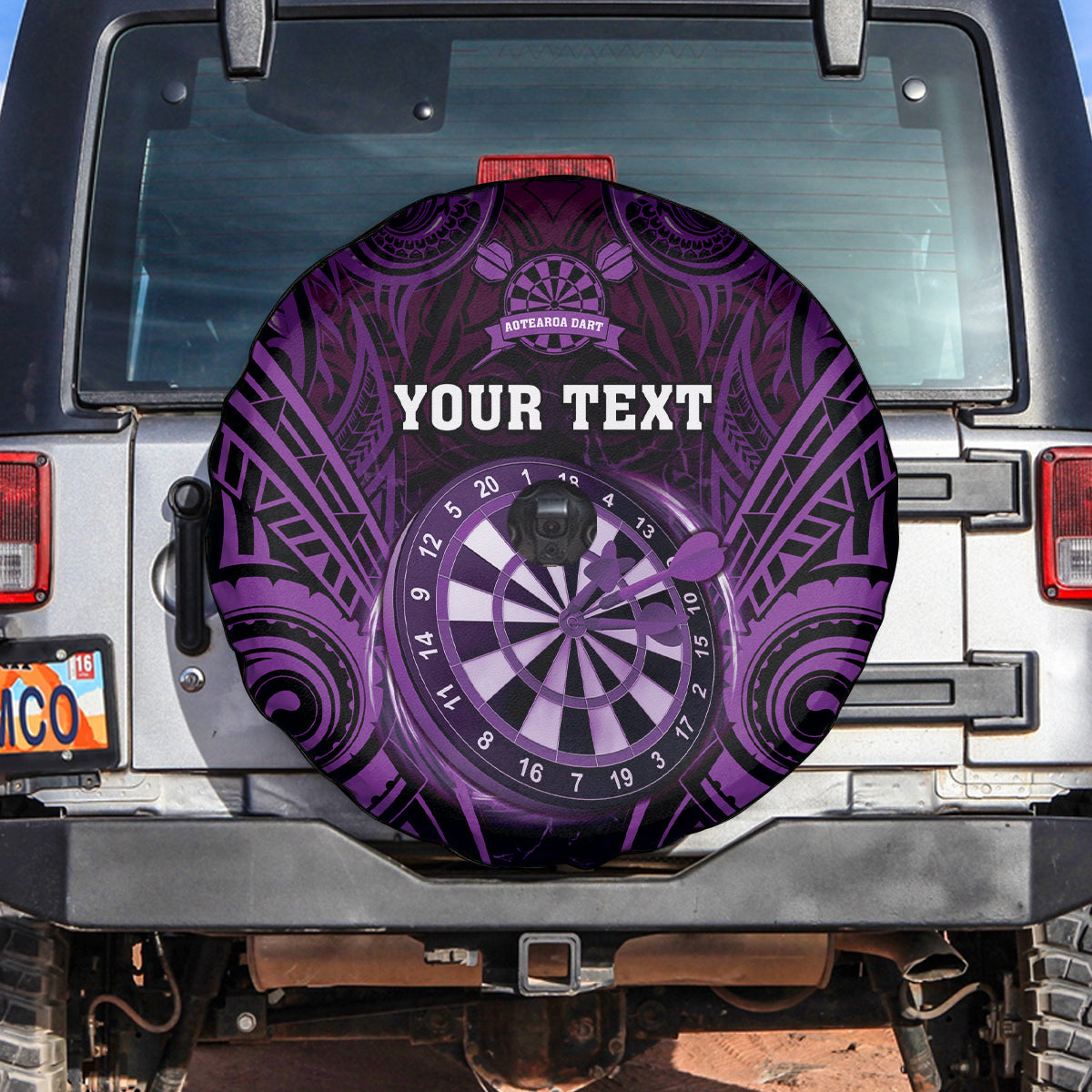 Personalised New Zealand Darts Spare Tire Cover Purple Dart Board Maori Pattern