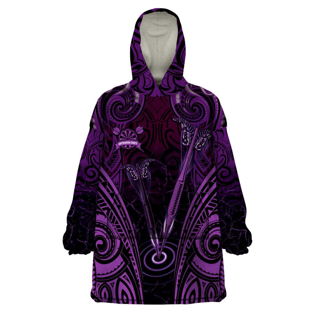 Personalised New Zealand Darts Wearable Blanket Hoodie Purple Dart Board Maori Pattern