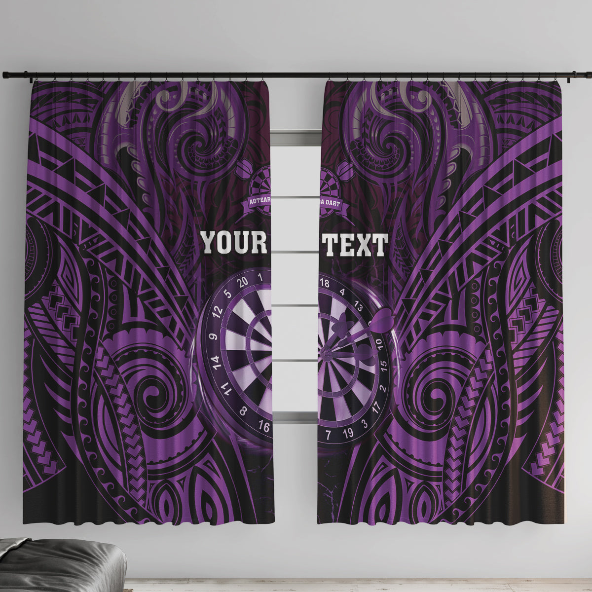 Personalised New Zealand Darts Window Curtain Purple Dart Board Maori Pattern