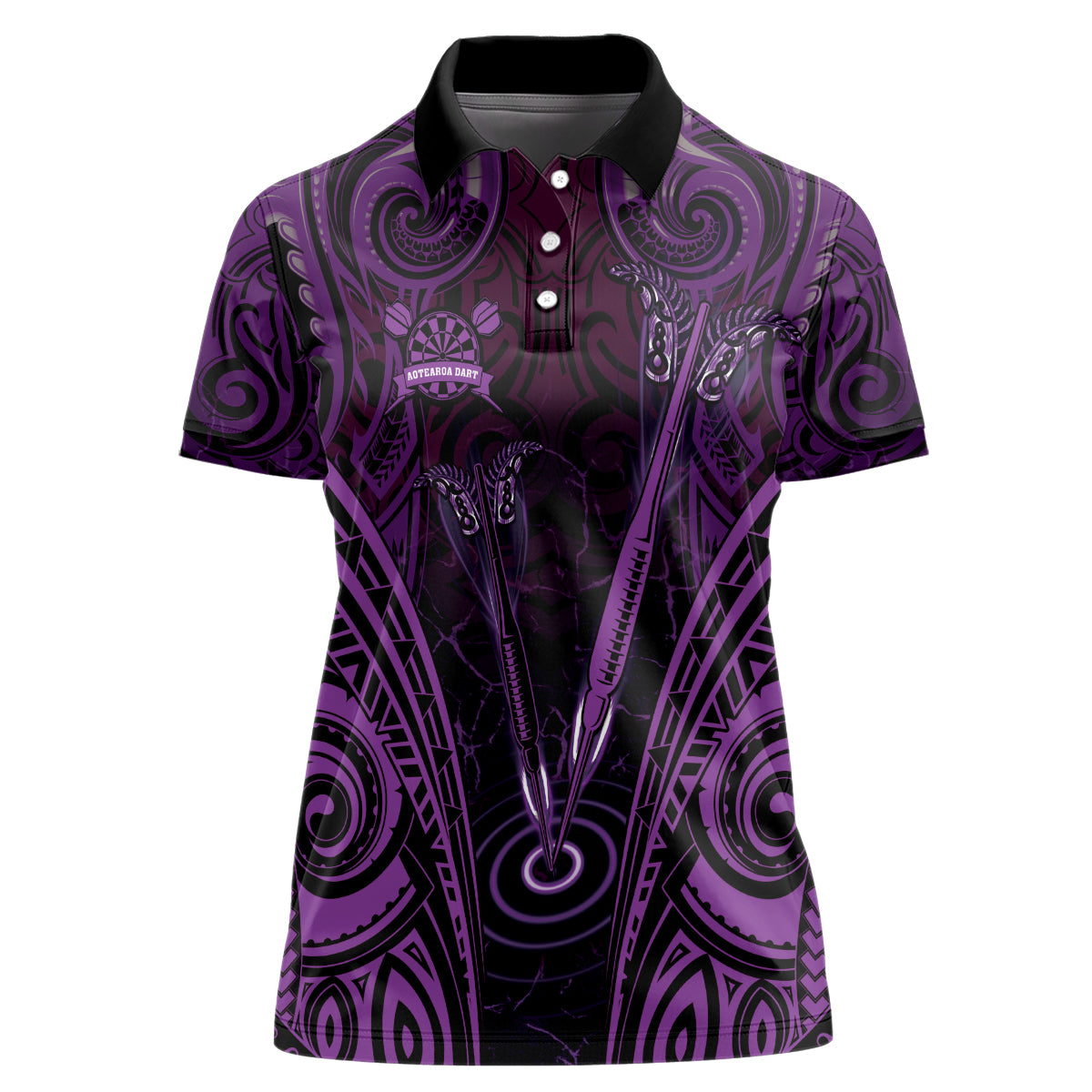 Personalised New Zealand Darts Women Polo Shirt Purple Dart Board Maori Pattern