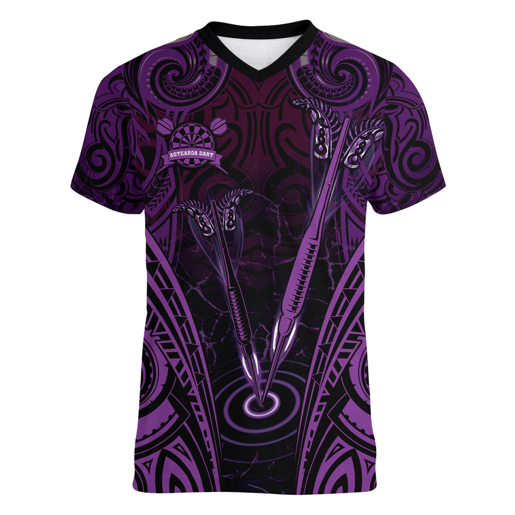 Personalised New Zealand Darts Women V-Neck T-Shirt Purple Dart Board Maori Pattern