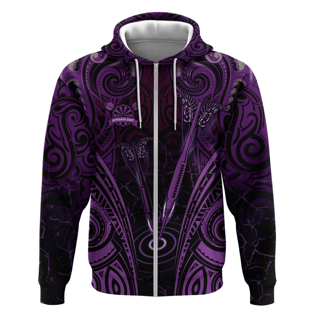 Personalised New Zealand Darts Zip Hoodie Purple Dart Board Maori Pattern