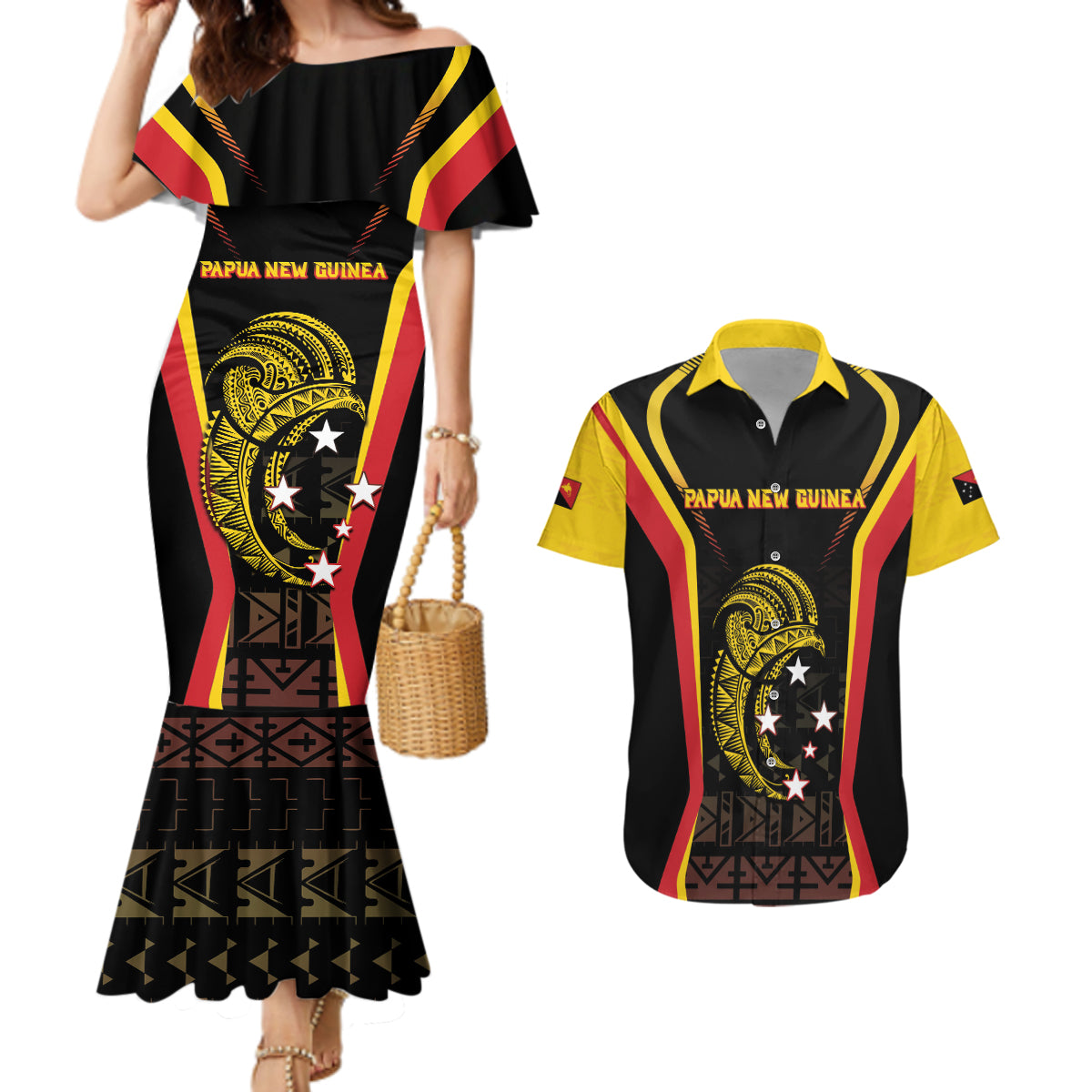 Custom Papua New Guinea Cricket Couples Matching Mermaid Dress and Hawaiian Shirt 2024 World Cup