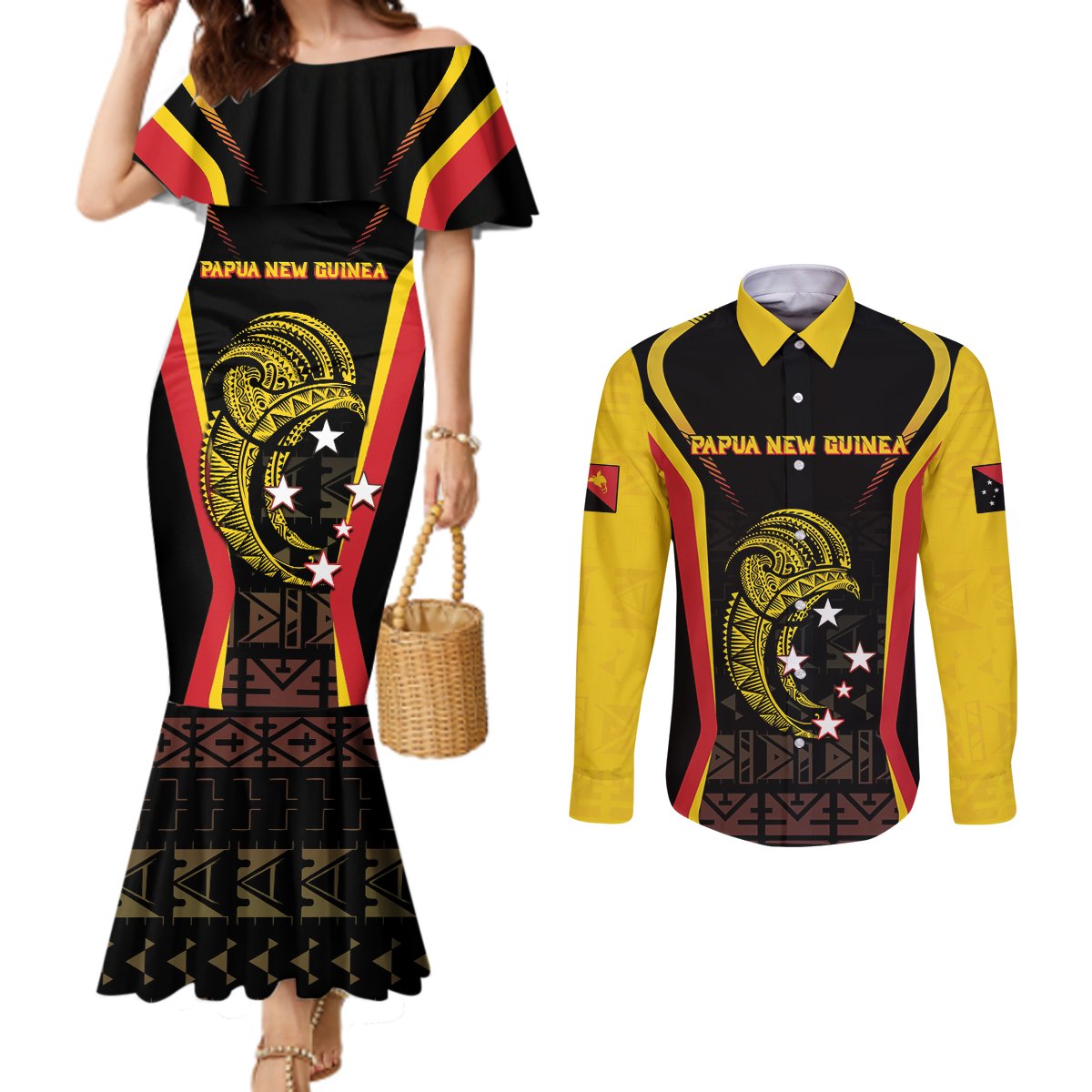 Custom Papua New Guinea Cricket Couples Matching Mermaid Dress and Long Sleeve Button Shirt 2024 World Cup LT05 Black - Polynesian Pride