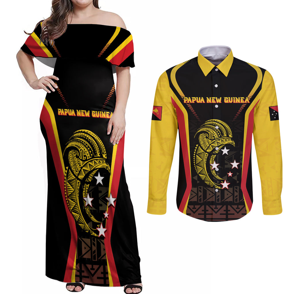 Custom Papua New Guinea Cricket Couples Matching Off Shoulder Maxi Dress and Long Sleeve Button Shirt 2024 World Cup LT05 Black - Polynesian Pride