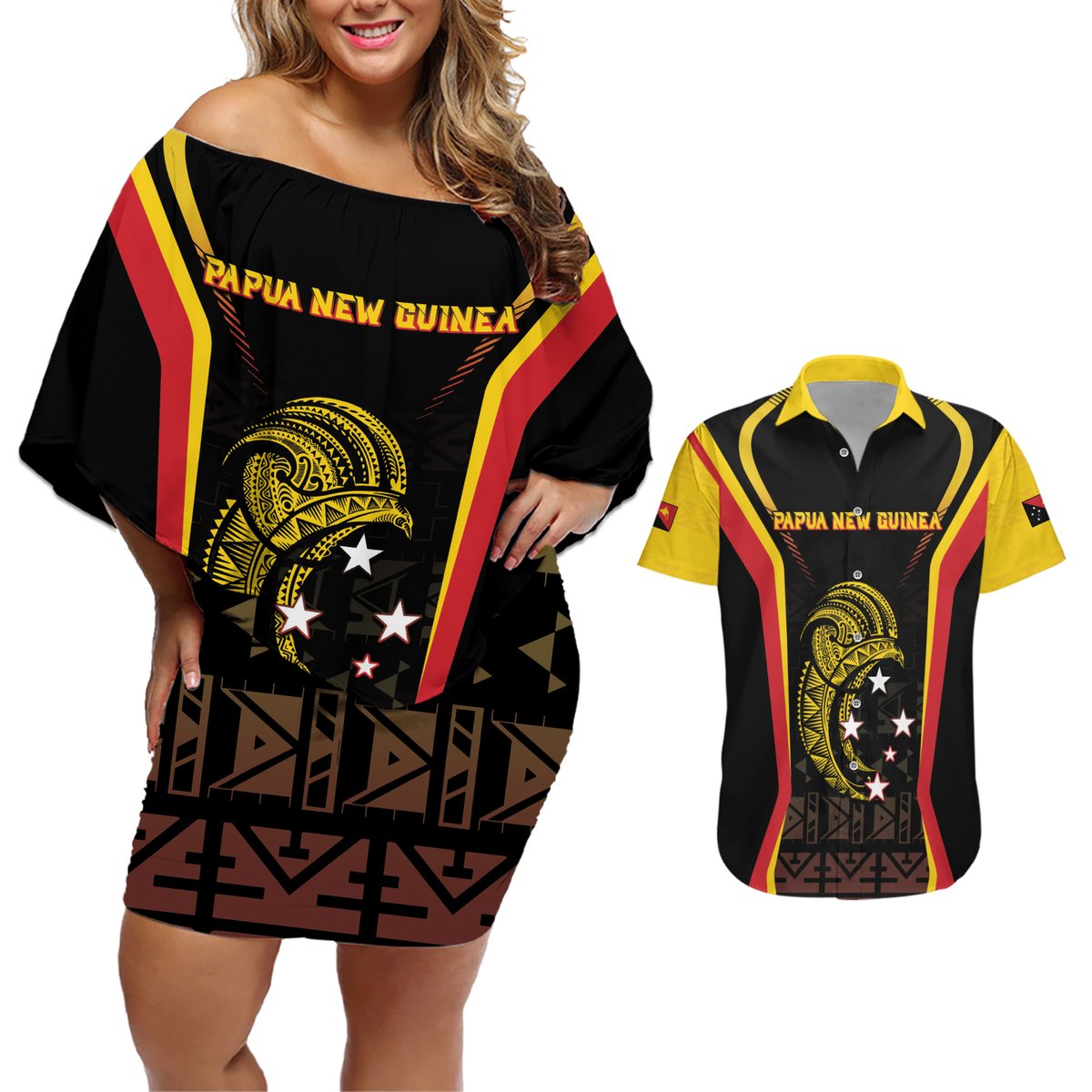 Custom Papua New Guinea Cricket Couples Matching Off Shoulder Short Dress and Hawaiian Shirt 2024 World Cup LT05 Black - Polynesian Pride