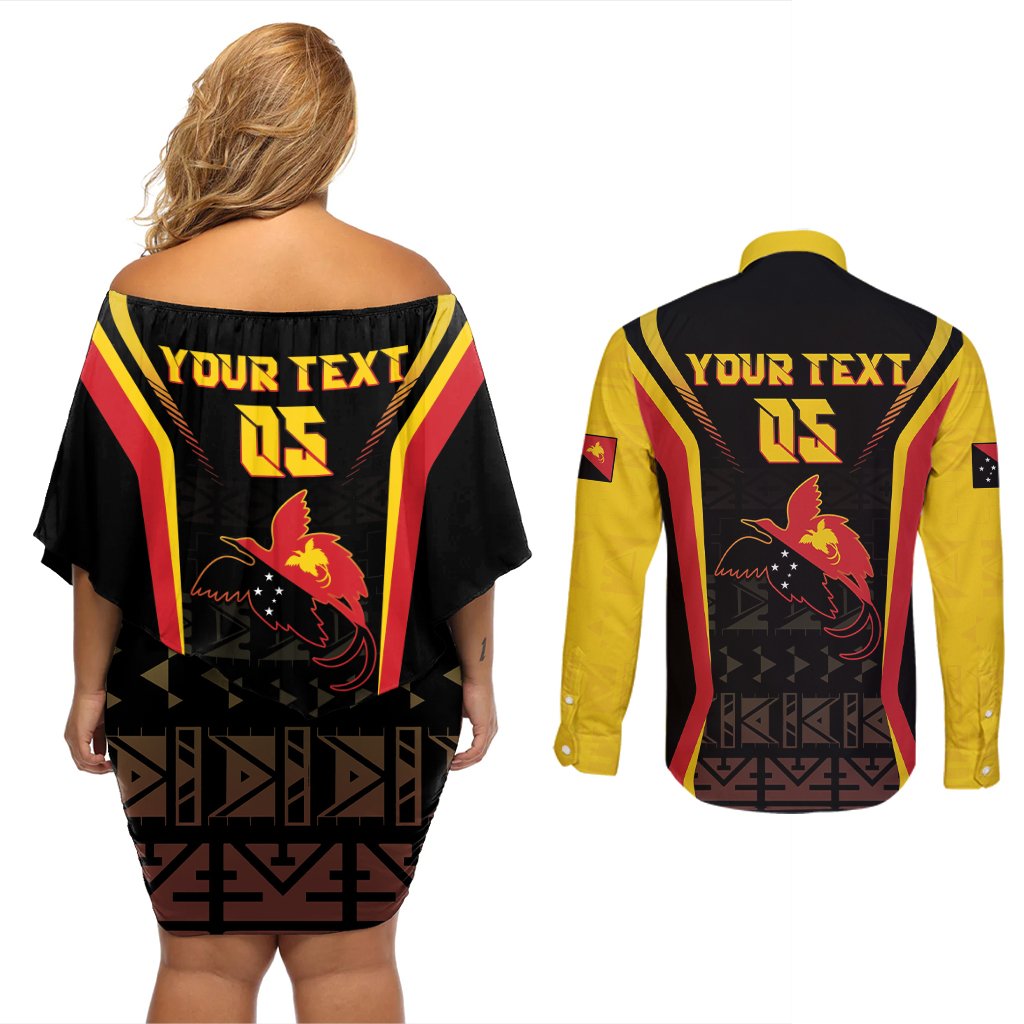 Custom Papua New Guinea Cricket Couples Matching Off Shoulder Short Dress and Long Sleeve Button Shirt 2024 World Cup LT05 - Polynesian Pride