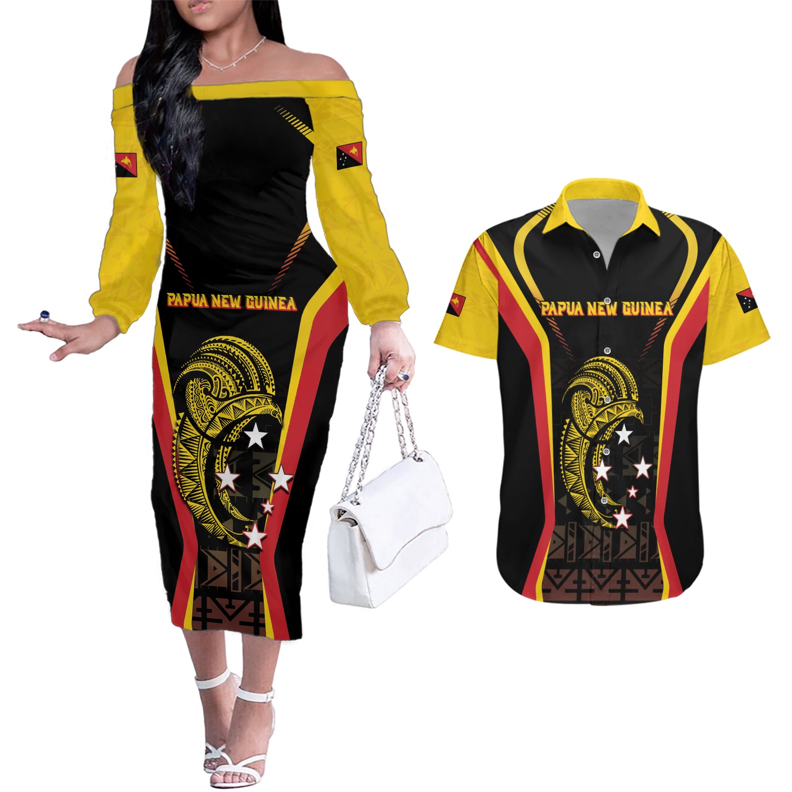 Custom Papua New Guinea Cricket Couples Matching Off The Shoulder Long Sleeve Dress and Hawaiian Shirt 2024 World Cup LT05 Black - Polynesian Pride