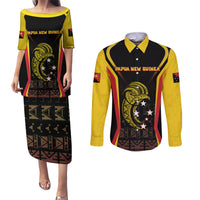 Custom Papua New Guinea Cricket Couples Matching Puletasi and Long Sleeve Button Shirt 2024 World Cup LT05 Black - Polynesian Pride