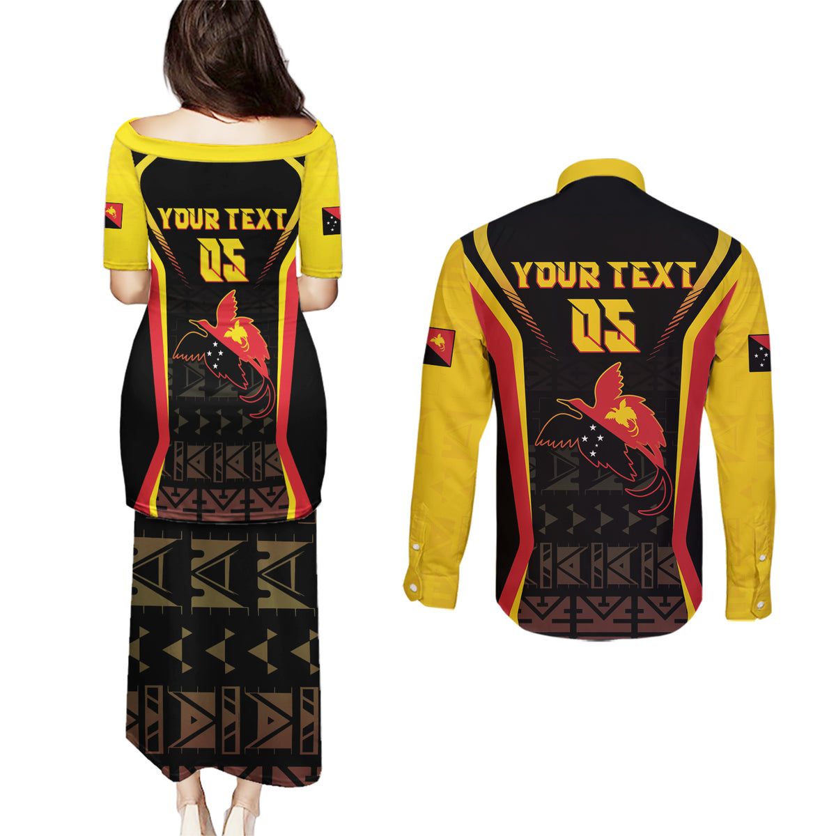 Custom Papua New Guinea Cricket Couples Matching Puletasi and Long Sleeve Button Shirt 2024 World Cup LT05 - Polynesian Pride