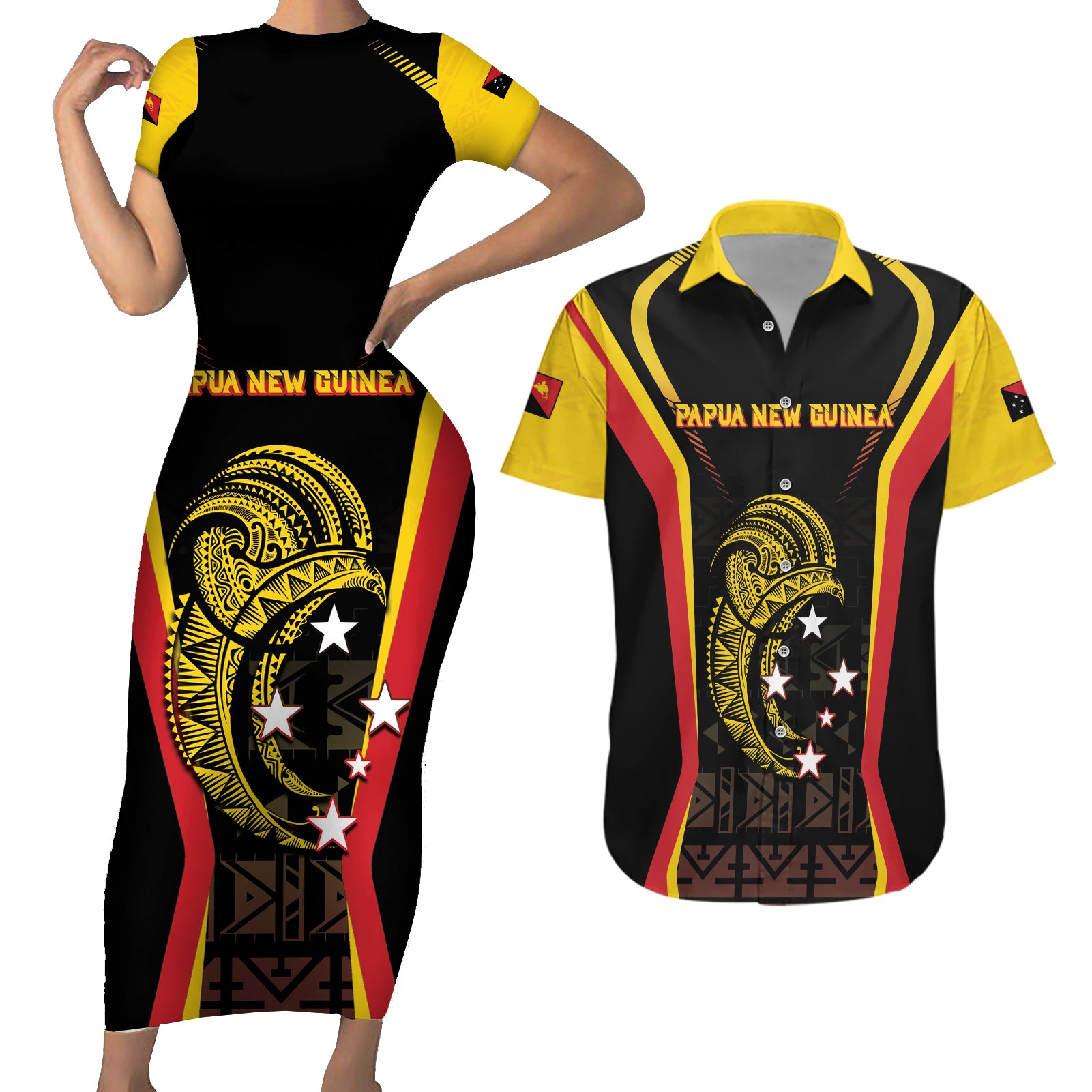 Custom Papua New Guinea Cricket Couples Matching Short Sleeve Bodycon Dress and Hawaiian Shirt 2024 World Cup