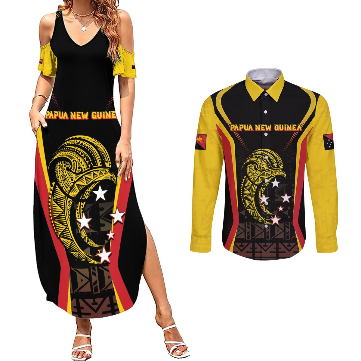 Custom Papua New Guinea Cricket Couples Matching Summer Maxi Dress and Long Sleeve Button Shirt 2024 World Cup LT05 Black - Polynesian Pride