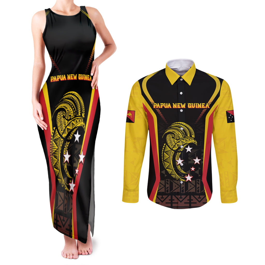 Custom Papua New Guinea Cricket Couples Matching Tank Maxi Dress and Long Sleeve Button Shirt 2024 World Cup LT05 Black - Polynesian Pride