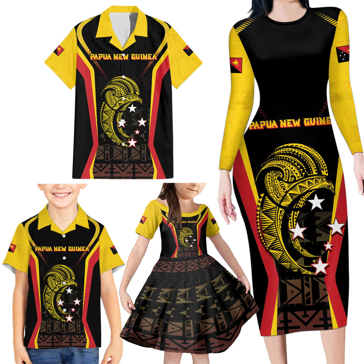 Custom Papua New Guinea Cricket Family Matching Long Sleeve Bodycon Dress and Hawaiian Shirt 2024 World Cup