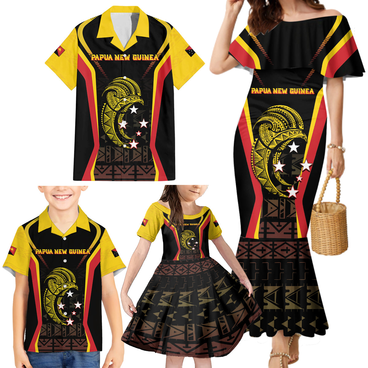 Custom Papua New Guinea Cricket Family Matching Mermaid Dress and Hawaiian Shirt 2024 World Cup LT05 - Polynesian Pride