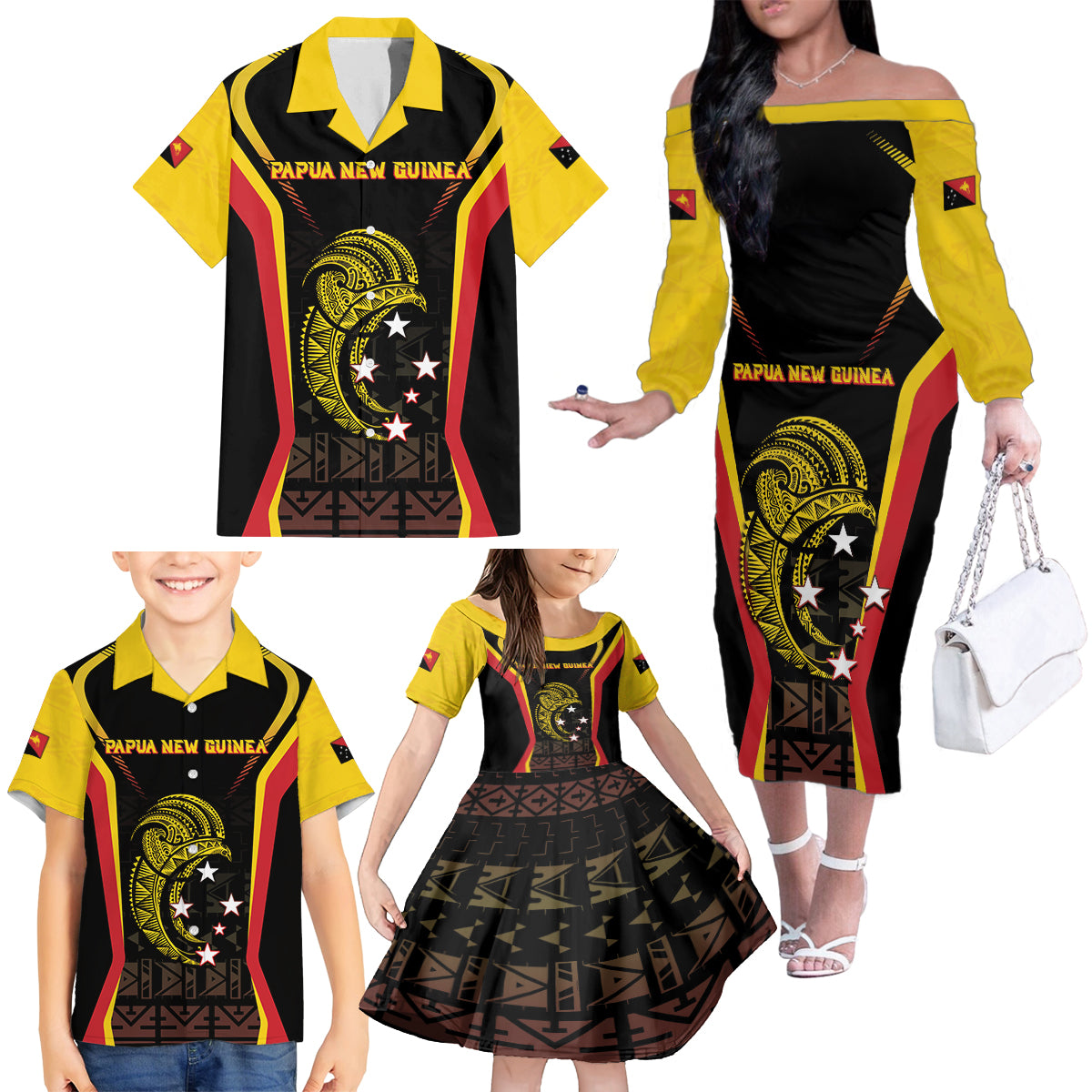 Custom Papua New Guinea Cricket Family Matching Off The Shoulder Long Sleeve Dress and Hawaiian Shirt 2024 World Cup