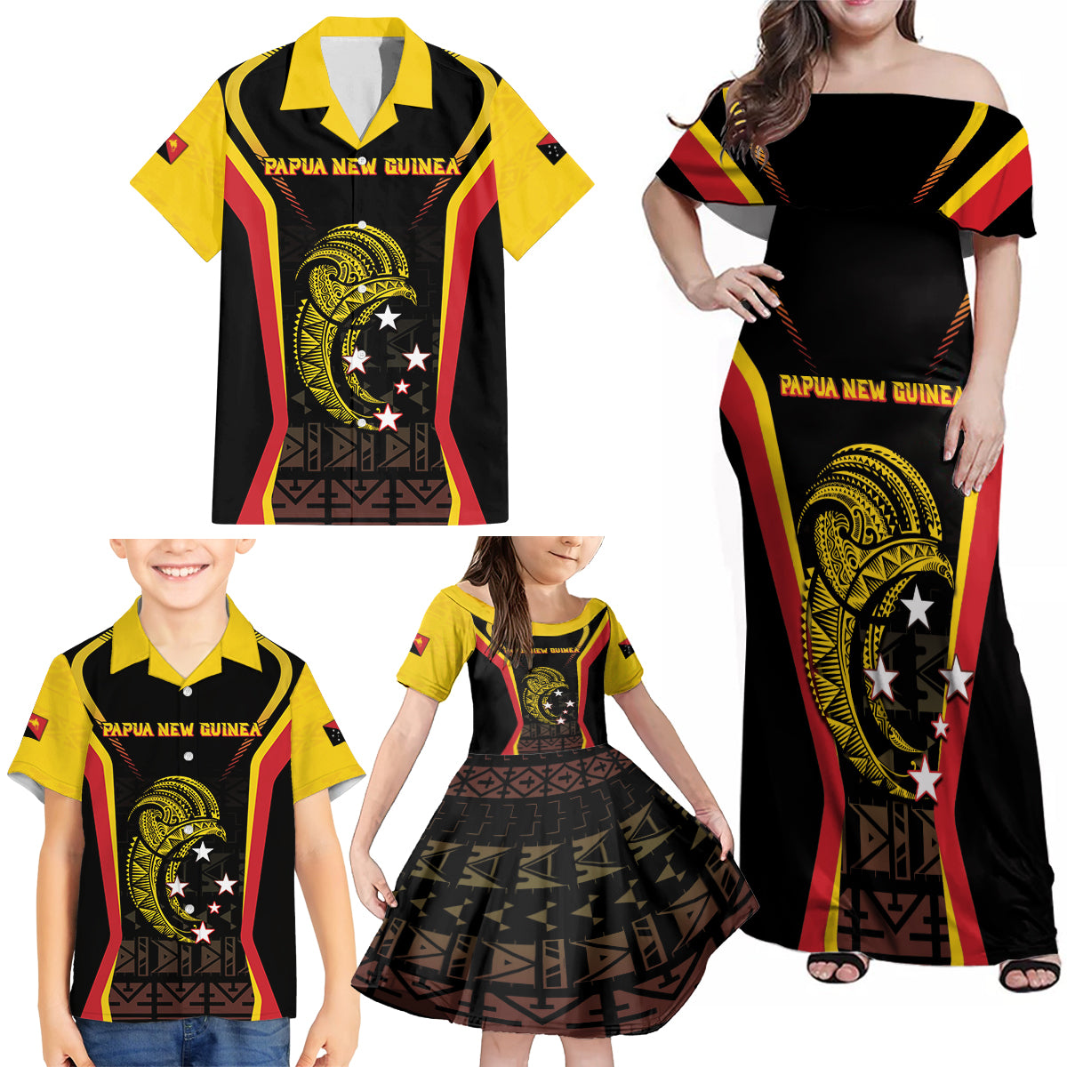 Custom Papua New Guinea Cricket Family Matching Off Shoulder Maxi Dress and Hawaiian Shirt 2024 World Cup LT05 - Polynesian Pride