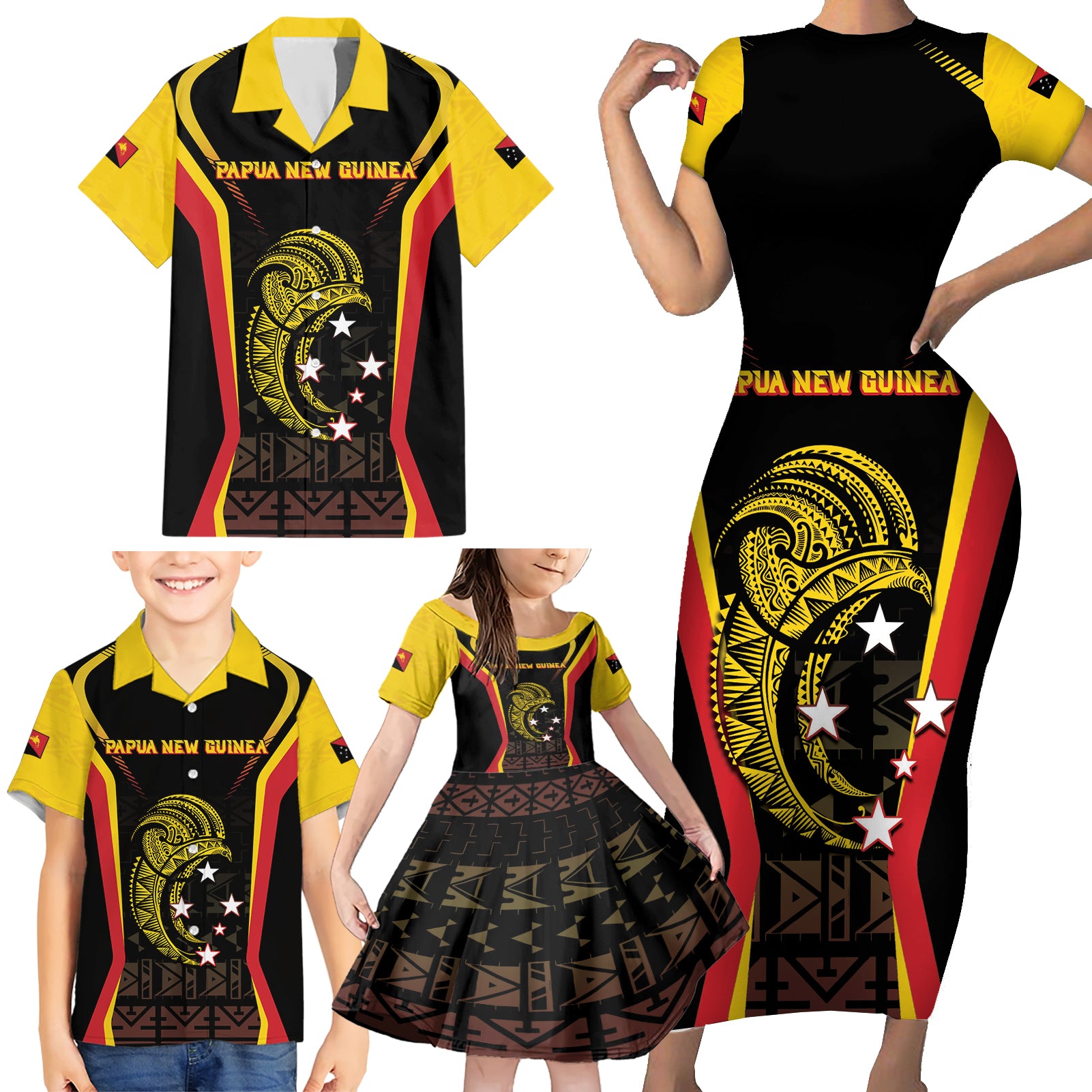 Custom Papua New Guinea Cricket Family Matching Short Sleeve Bodycon Dress and Hawaiian Shirt 2024 World Cup