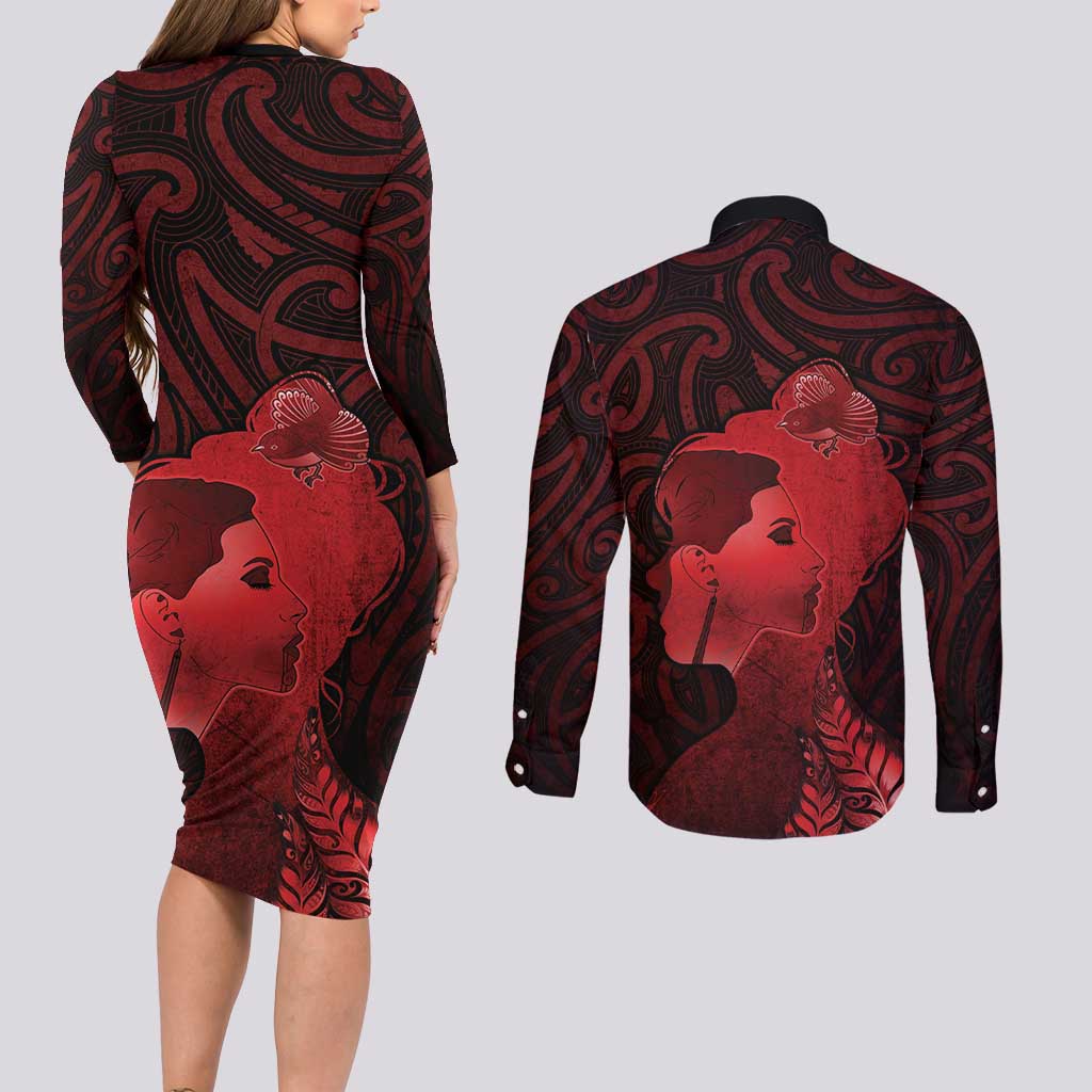 Aotearoa Mana Wahine Couples Matching Long Sleeve Bodycon Dress and Long Sleeve Button Shirt The Spiritual Power Of Women