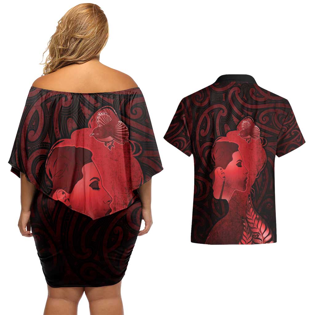 Aotearoa Mana Wahine Couples Matching Off Shoulder Short Dress and Hawaiian Shirt The Spiritual Power Of Women