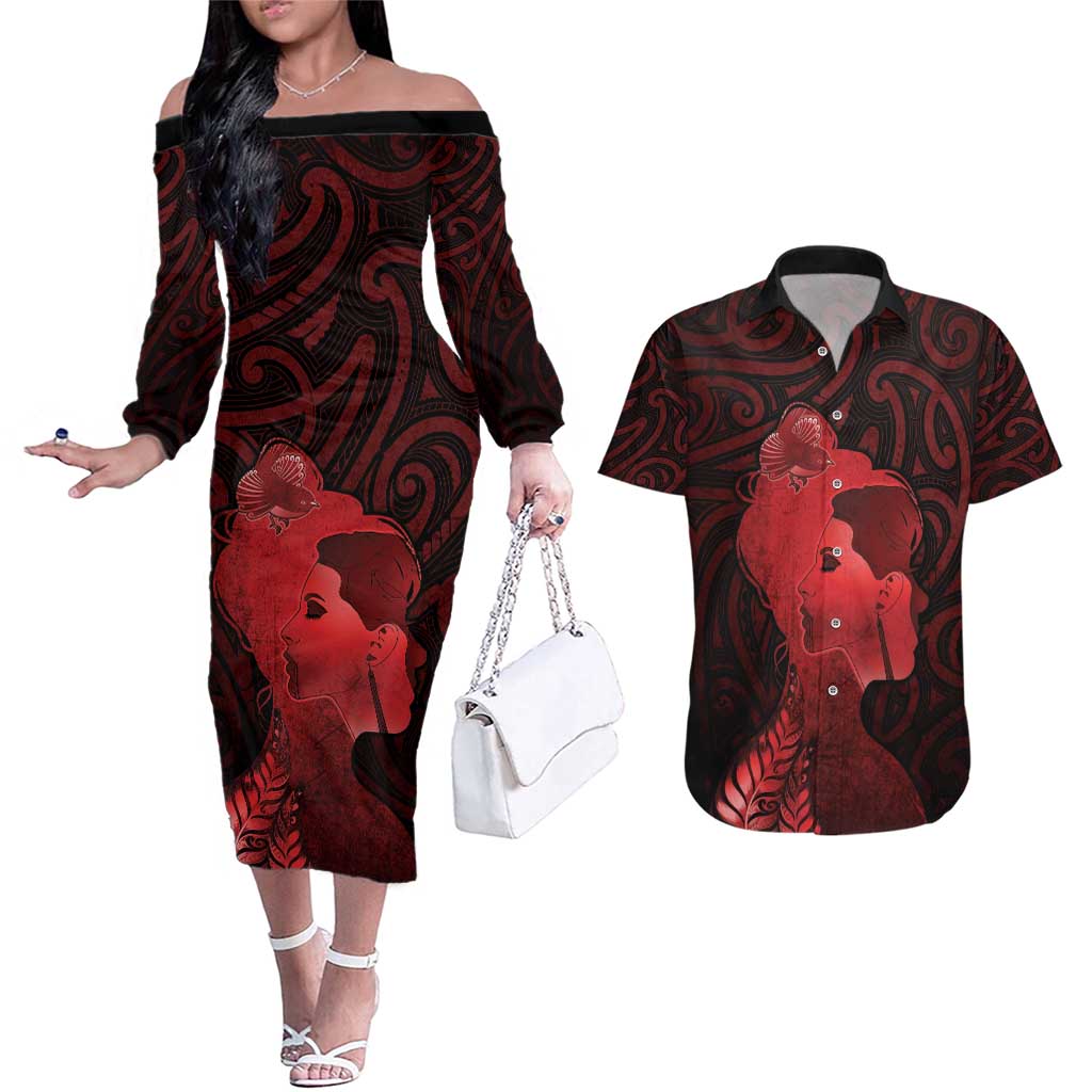 Aotearoa Mana Wahine Couples Matching Off The Shoulder Long Sleeve Dress and Hawaiian Shirt The Spiritual Power Of Women