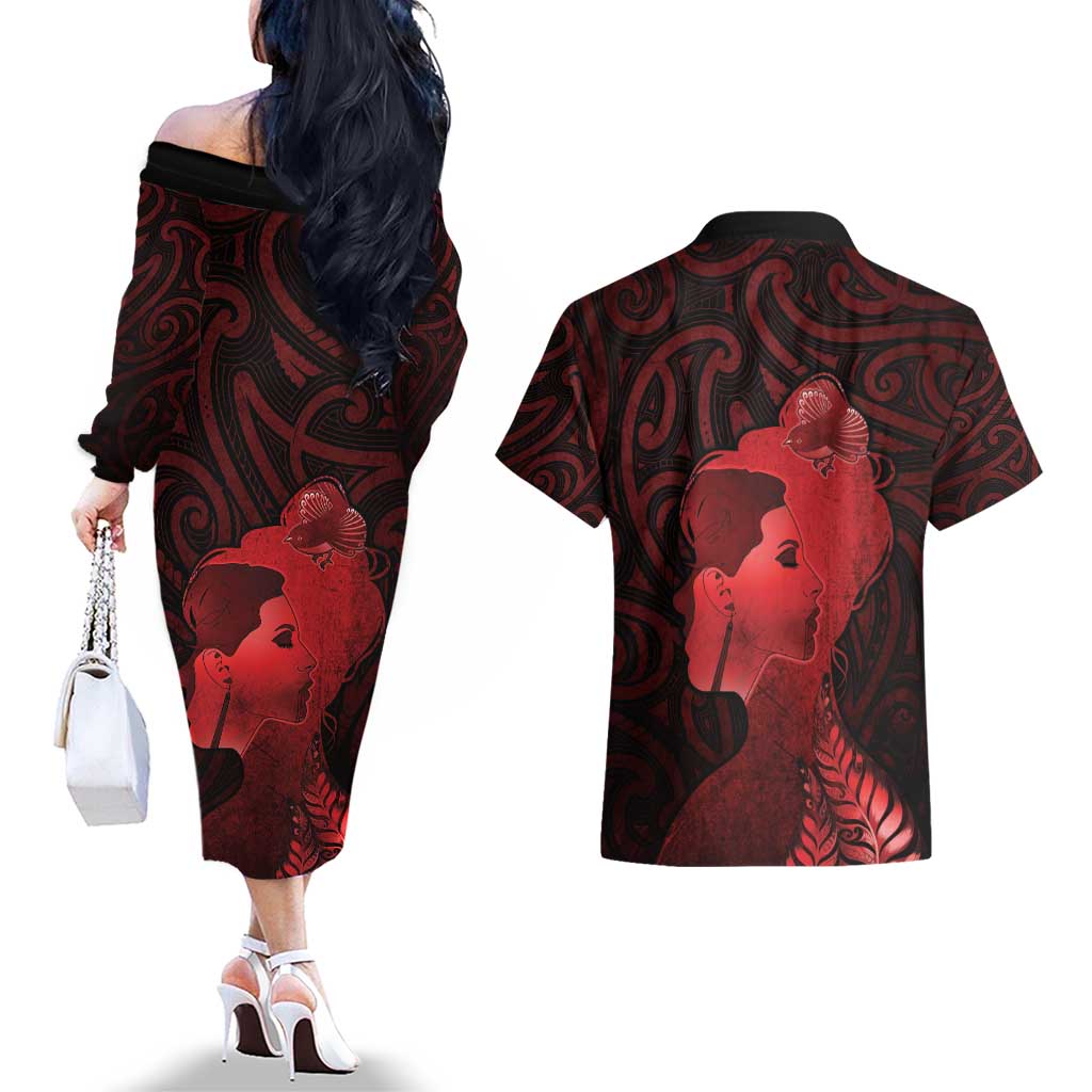 Aotearoa Mana Wahine Couples Matching Off The Shoulder Long Sleeve Dress and Hawaiian Shirt The Spiritual Power Of Women