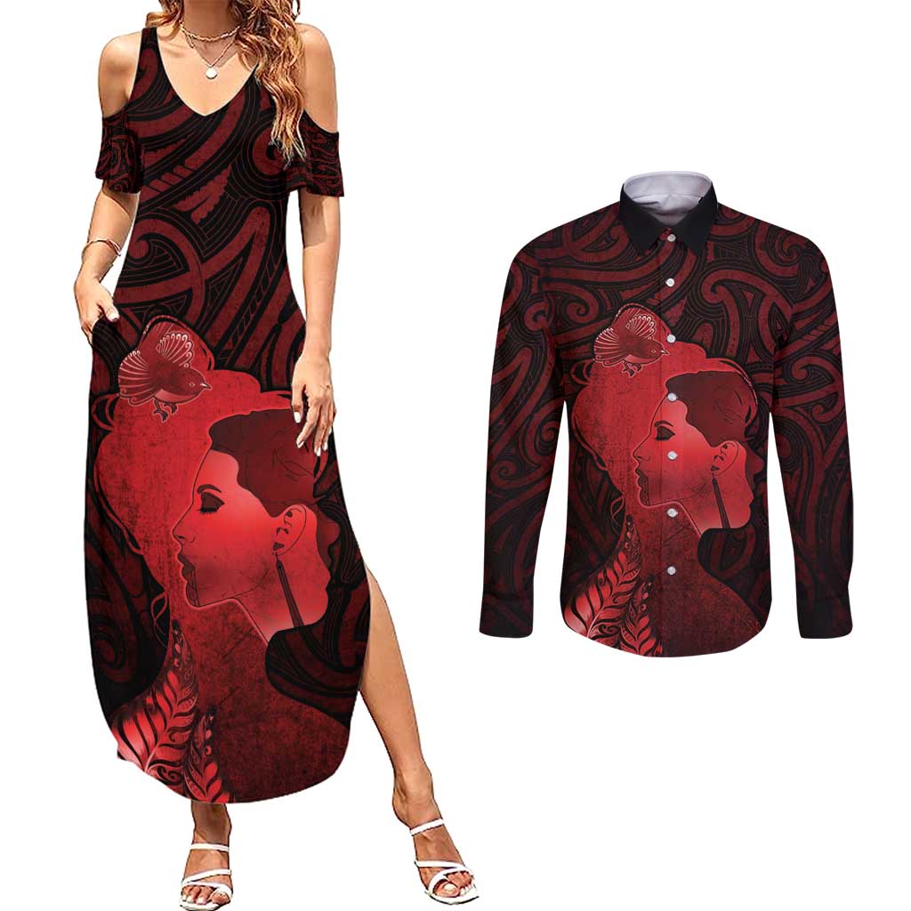 Aotearoa Mana Wahine Couples Matching Summer Maxi Dress and Long Sleeve Button Shirt The Spiritual Power Of Women