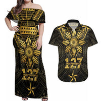 Personalised Philippines Independence Day Couples Matching Off Shoulder Maxi Dress and Hawaiian Shirt Filipinos Sun Star Tribal