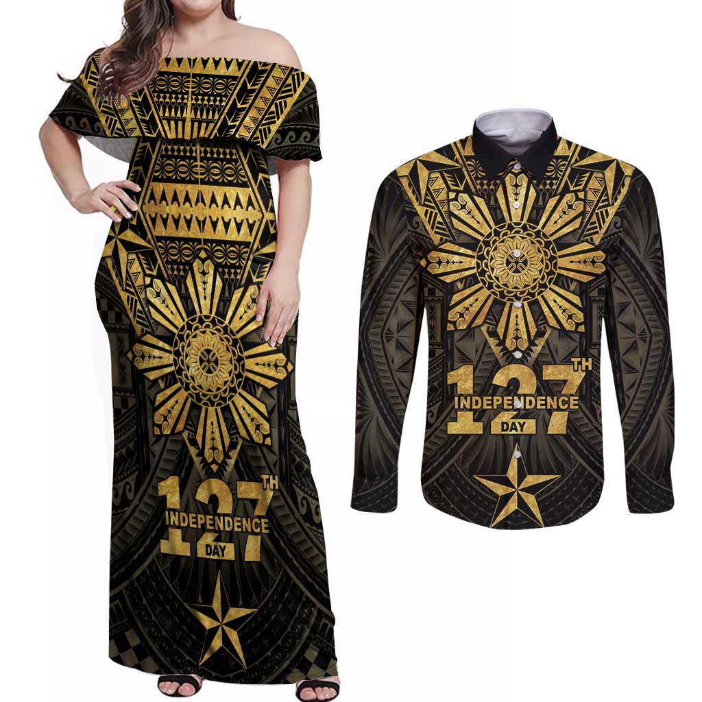 Personalised Philippines Independence Day Couples Matching Off Shoulder Maxi Dress and Long Sleeve Button Shirt Filipinos Sun Star Tribal