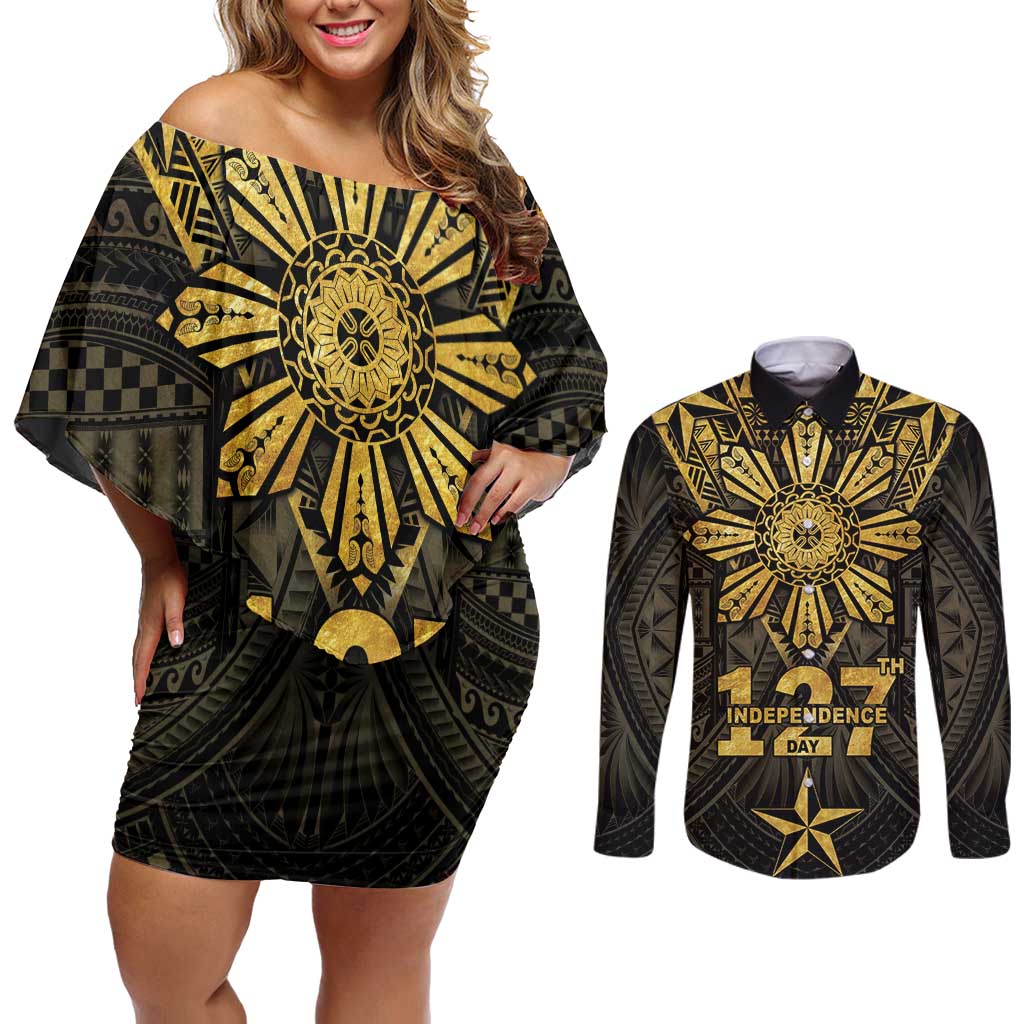Personalised Philippines Independence Day Couples Matching Off Shoulder Short Dress and Long Sleeve Button Shirt Filipinos Sun Star Tribal