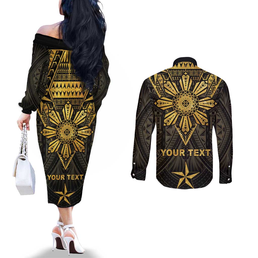 Personalised Philippines Independence Day Couples Matching Off The Shoulder Long Sleeve Dress and Long Sleeve Button Shirt Filipinos Sun Star Tribal