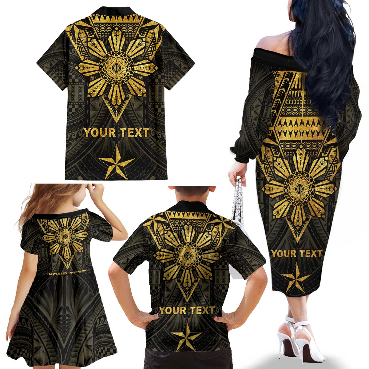 Personalised Philippines Independence Day Family Matching Off The Shoulder Long Sleeve Dress and Hawaiian Shirt Filipinos Sun Star Tribal