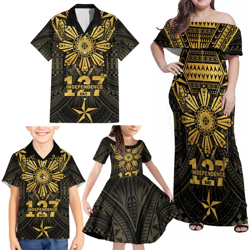 Personalised Philippines Independence Day Family Matching Off Shoulder Maxi Dress and Hawaiian Shirt Filipinos Sun Star Tribal