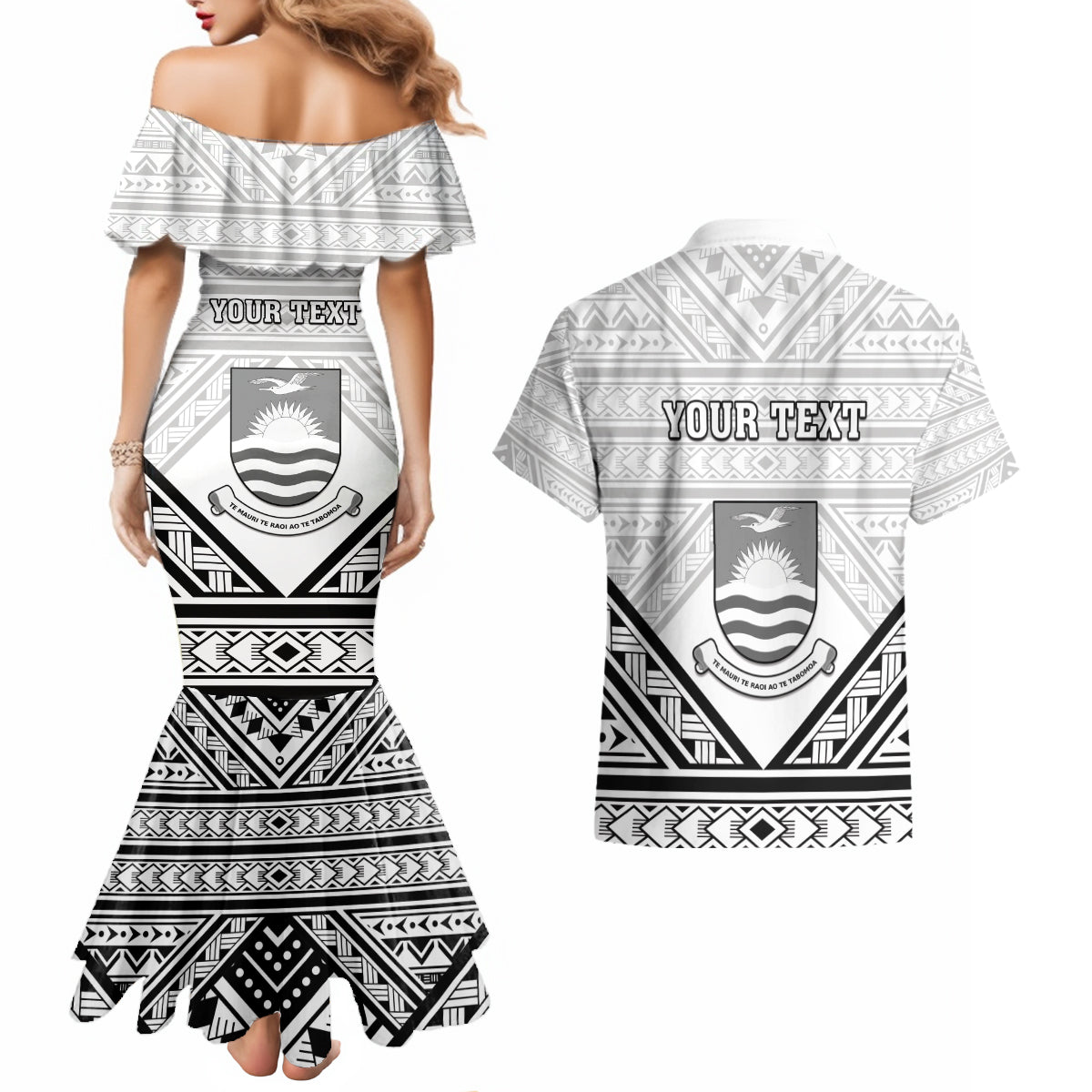 Personalised Kiribati Gospel Day Couples Matching Mermaid Dress and Hawaiian Shirt Coat Of Arms Polynesian Pattern