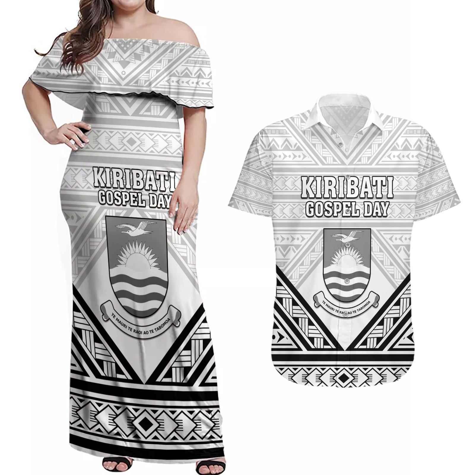 Personalised Kiribati Gospel Day Couples Matching Off Shoulder Maxi Dress and Hawaiian Shirt Coat Of Arms Polynesian Pattern