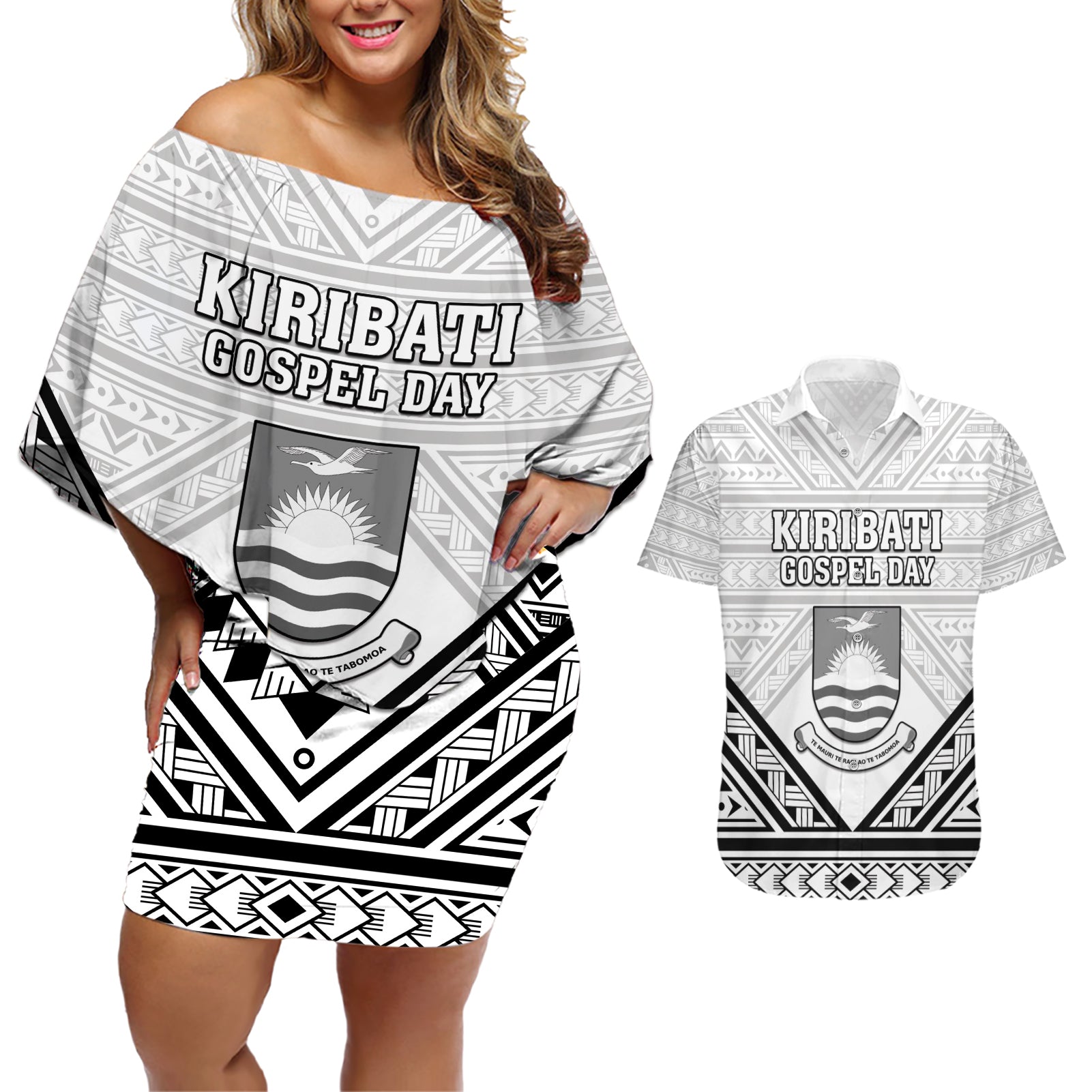 Personalised Kiribati Gospel Day Couples Matching Off Shoulder Short Dress and Hawaiian Shirt Coat Of Arms Polynesian Pattern