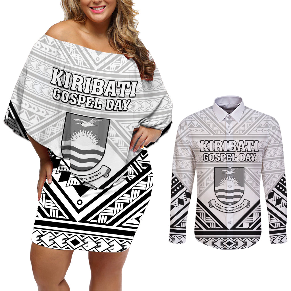 Personalised Kiribati Gospel Day Couples Matching Off Shoulder Short Dress and Long Sleeve Button Shirt Coat Of Arms Polynesian Pattern