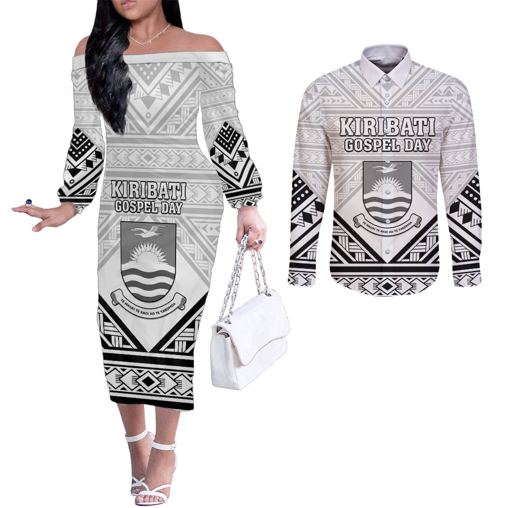 Personalised Kiribati Gospel Day Couples Matching Off The Shoulder Long Sleeve Dress and Long Sleeve Button Shirt Coat Of Arms Polynesian Pattern