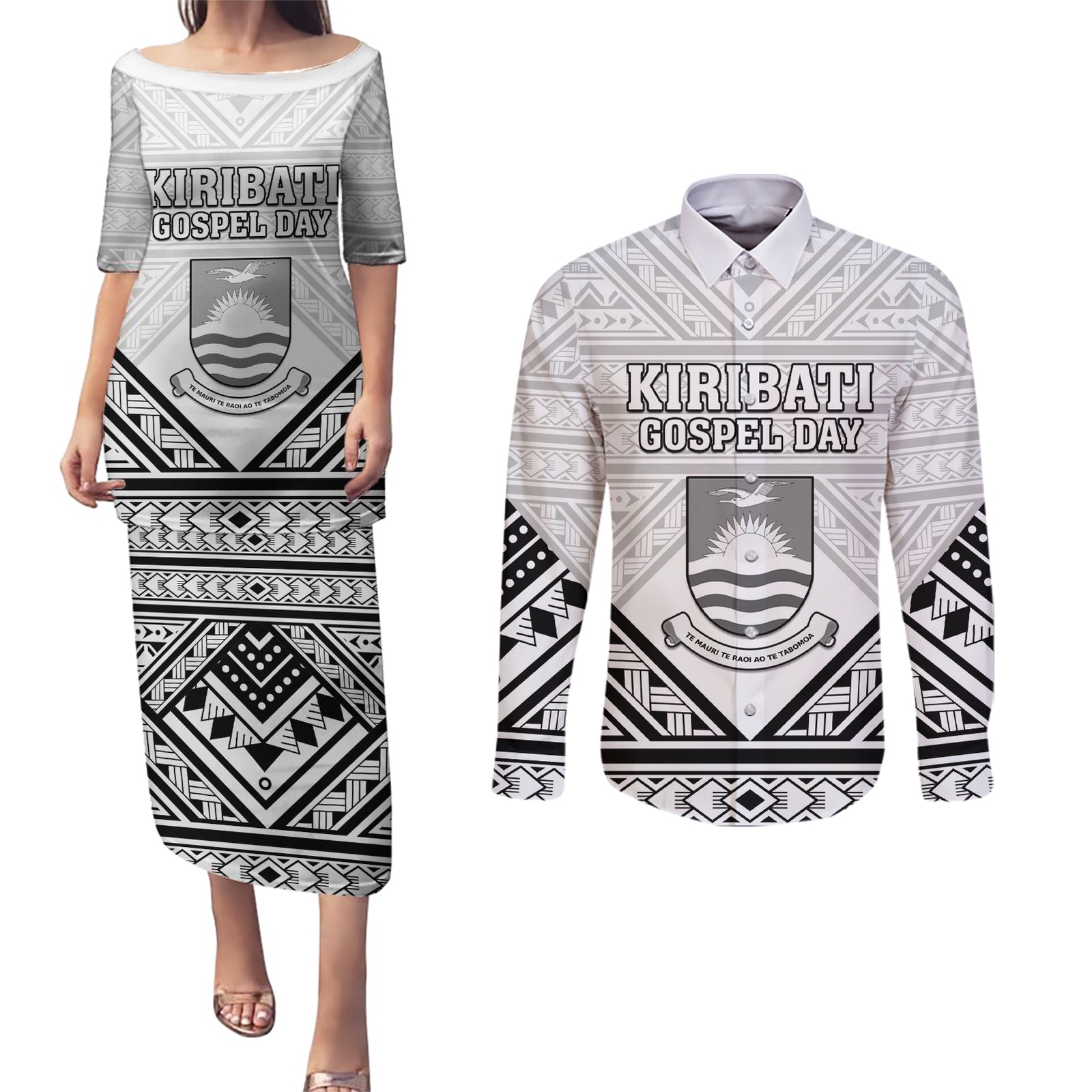 Personalised Kiribati Gospel Day Couples Matching Puletasi and Long Sleeve Button Shirt Coat Of Arms Polynesian Pattern LT05 White - Polynesian Pride