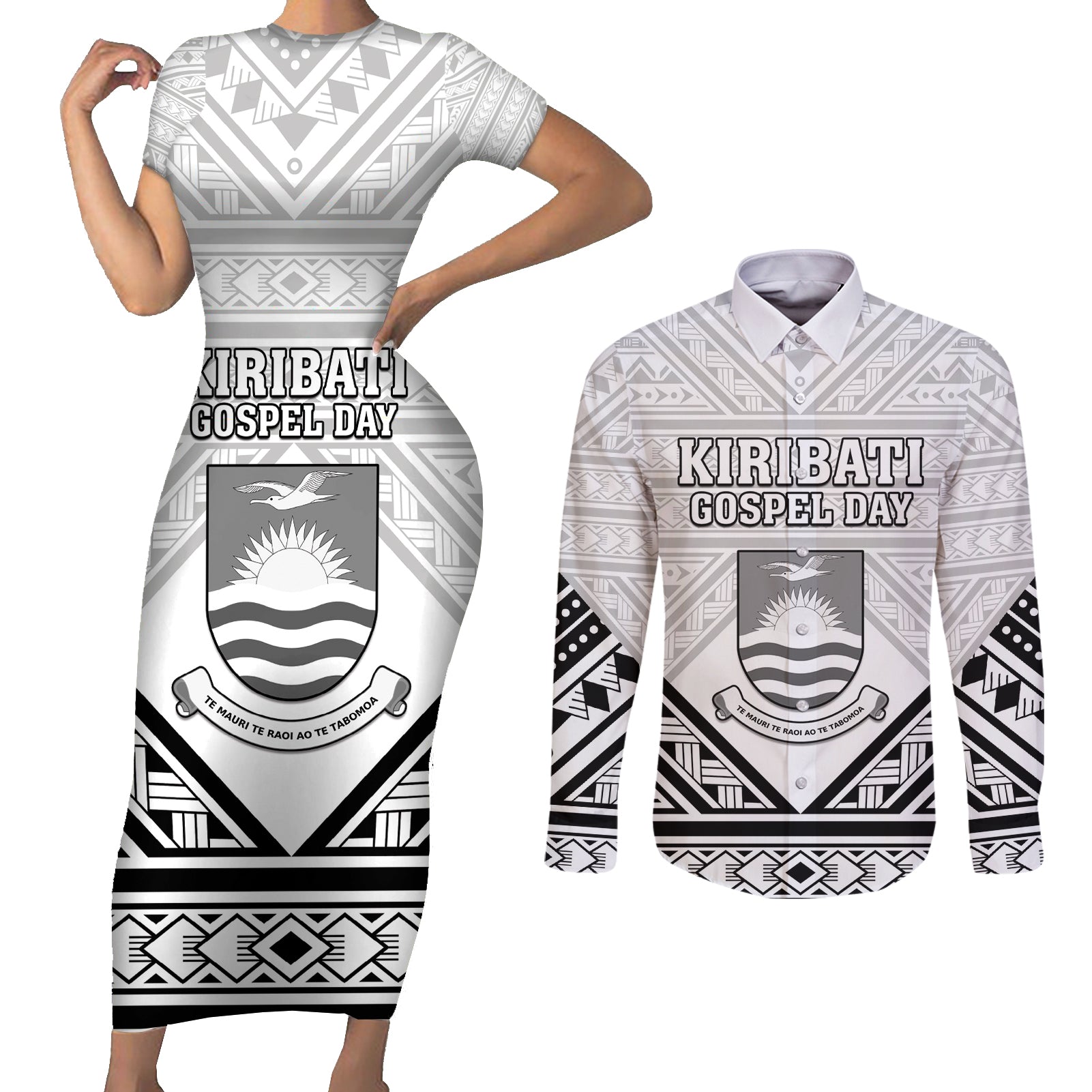 Personalised Kiribati Gospel Day Couples Matching Short Sleeve Bodycon Dress and Long Sleeve Button Shirt Coat Of Arms Polynesian Pattern