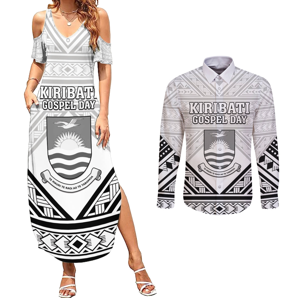 Personalised Kiribati Gospel Day Couples Matching Summer Maxi Dress and Long Sleeve Button Shirt Coat Of Arms Polynesian Pattern