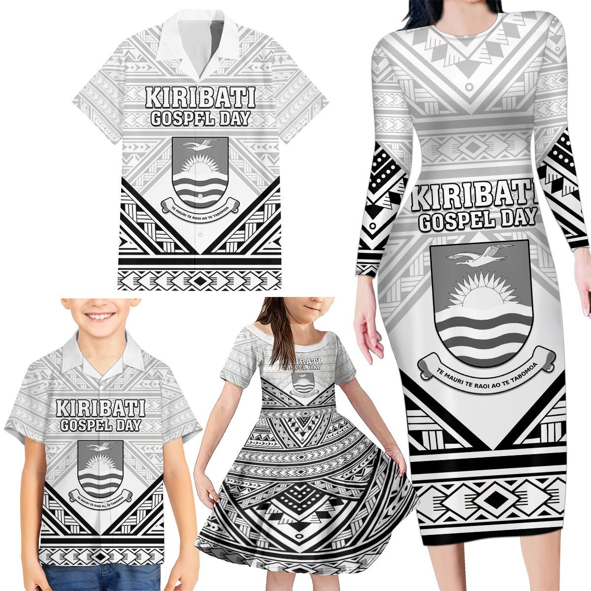 Personalised Kiribati Gospel Day Family Matching Long Sleeve Bodycon Dress and Hawaiian Shirt Coat Of Arms Polynesian Pattern