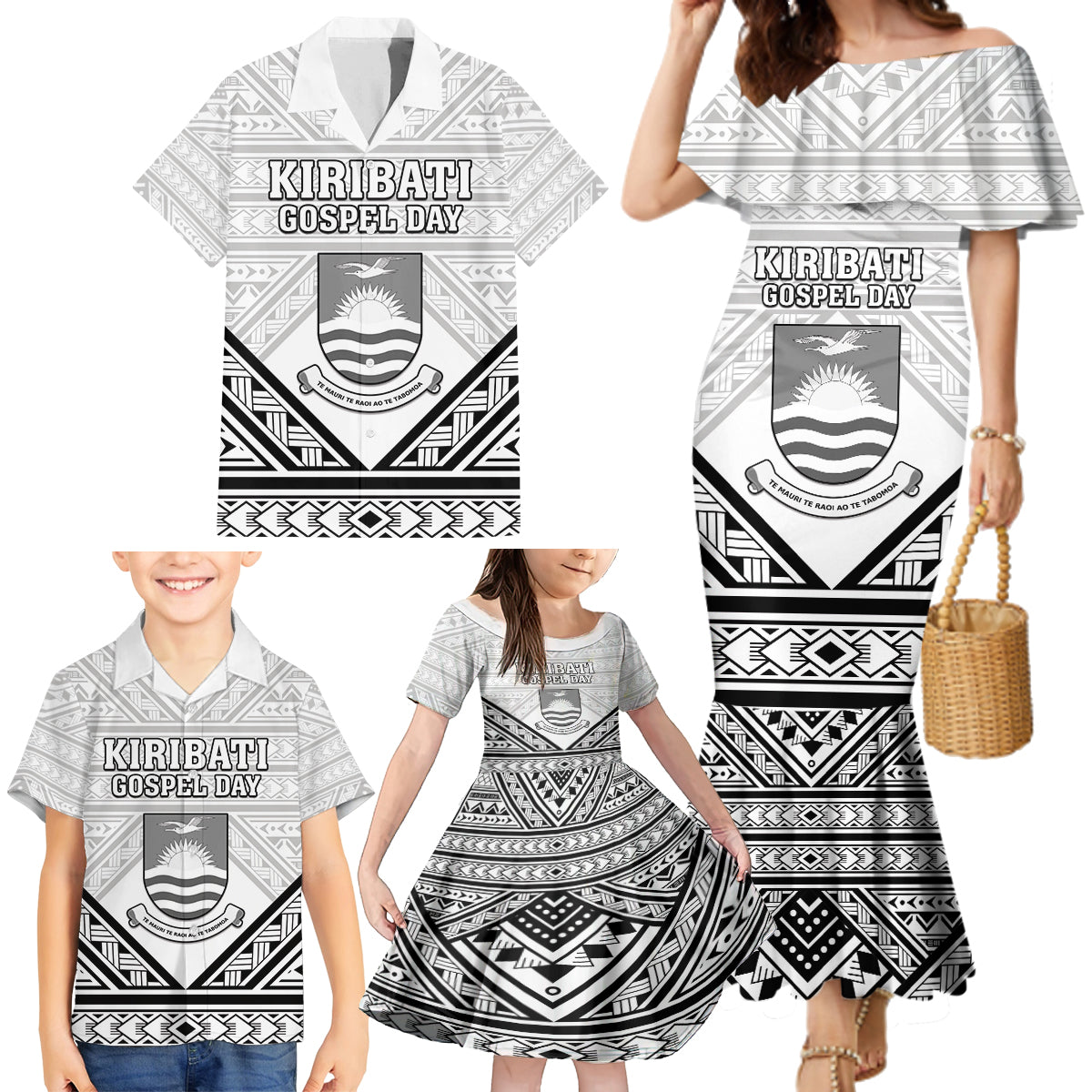 Personalised Kiribati Gospel Day Family Matching Mermaid Dress and Hawaiian Shirt Coat Of Arms Polynesian Pattern