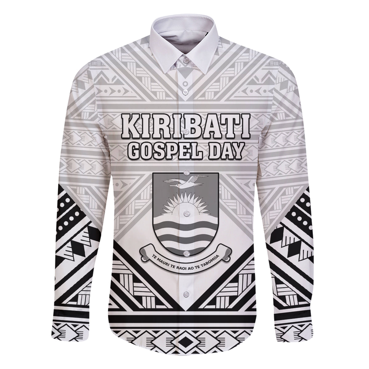 Personalised Kiribati Gospel Day Family Matching Off The Shoulder Long Sleeve Dress and Hawaiian Shirt Coat Of Arms Polynesian Pattern LT05 Dad's Shirt - Long Sleeve White - Polynesian Pride