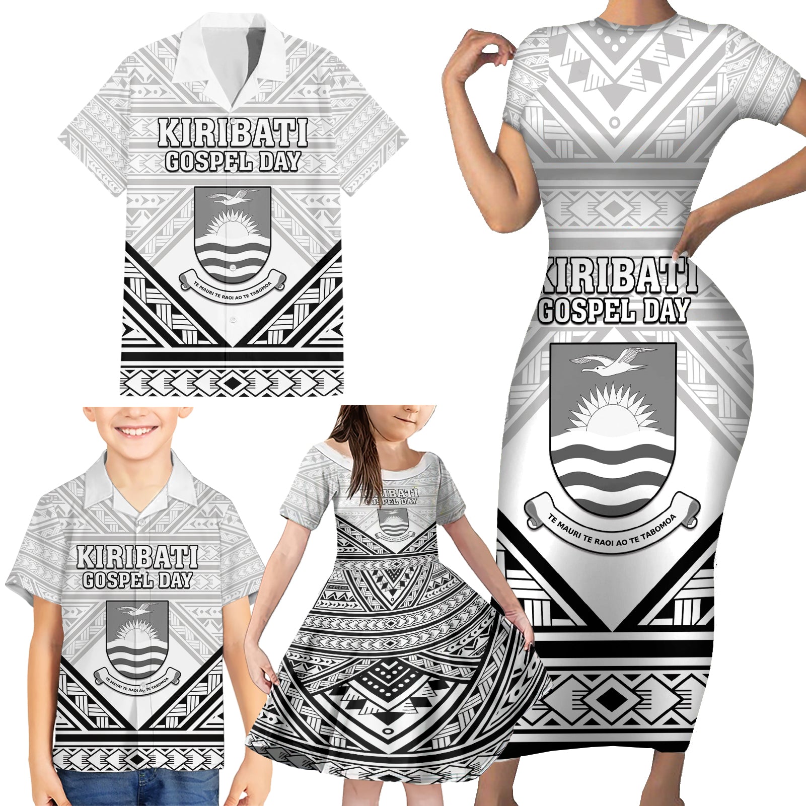 Personalised Kiribati Gospel Day Family Matching Short Sleeve Bodycon Dress and Hawaiian Shirt Coat Of Arms Polynesian Pattern
