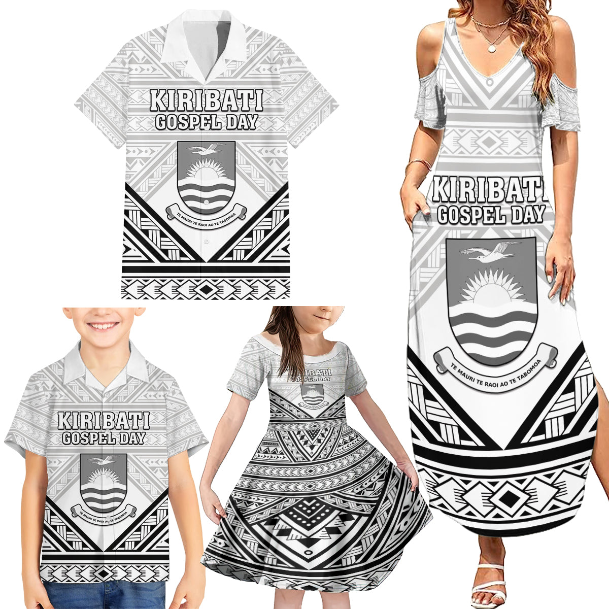 Personalised Kiribati Gospel Day Family Matching Summer Maxi Dress and Hawaiian Shirt Coat Of Arms Polynesian Pattern