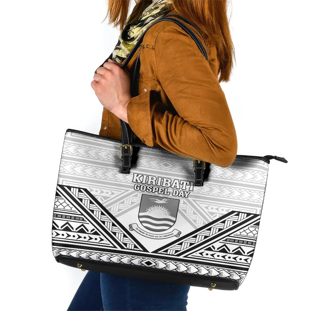Kiribati Gospel Day Leather Tote Bag Coat Of Arms Polynesian Pattern LT05 White - Polynesian Pride
