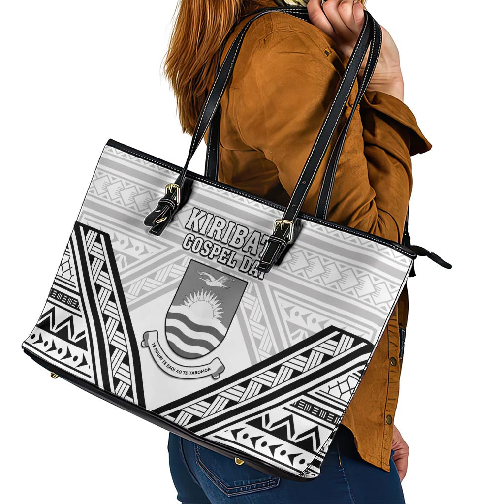 Kiribati Gospel Day Leather Tote Bag Coat Of Arms Polynesian Pattern LT05 - Polynesian Pride